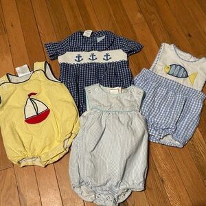 Lot bundle of 4 baby boy rompers seersucker appliqué smocked 6 months